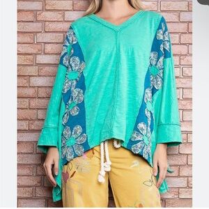Blue Velvet NWT Flowers Poncho Style Top Oversized Boho Colorblock Panels Cotton